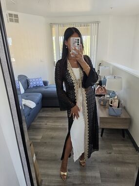 Black Lace Embroidered Long Kimono with Tassel Trim